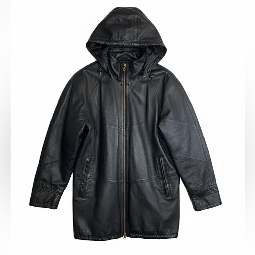 Vintage Venezia Black Leather Hooded Anorak Parka Jacket 14/16 Y2K Grunge Matrix